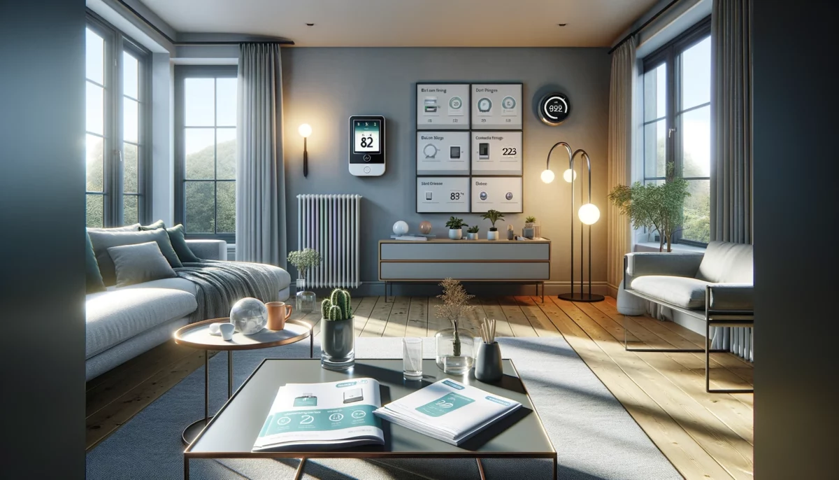 DALL·E 2024 03 13 11.24.07 A sleek modern living room with visible energy saving features LED lighting double glazed windows a smart thermostat on the wall and a coffee tab scaled