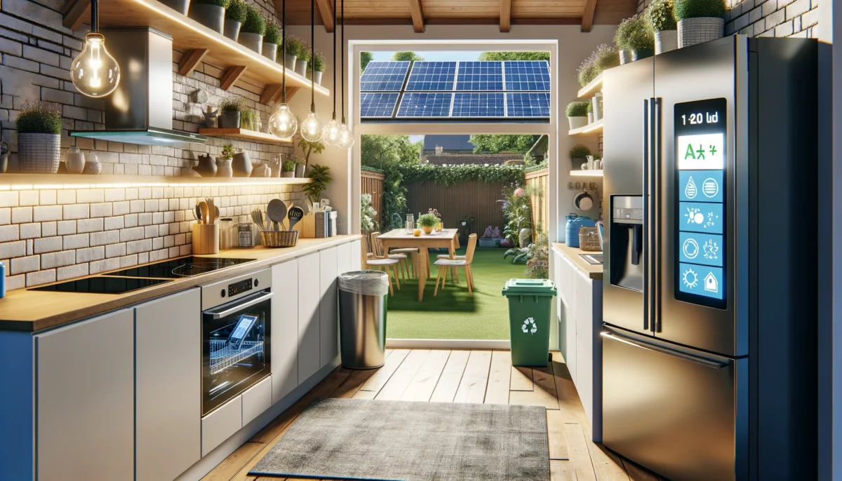 DALL·E 2024 03 13 11.24.09 A modern kitchen filled with energy efficient appliances such as an A rated fridge an eco friendly dishwasher and a modern induction stove. The ki scaled