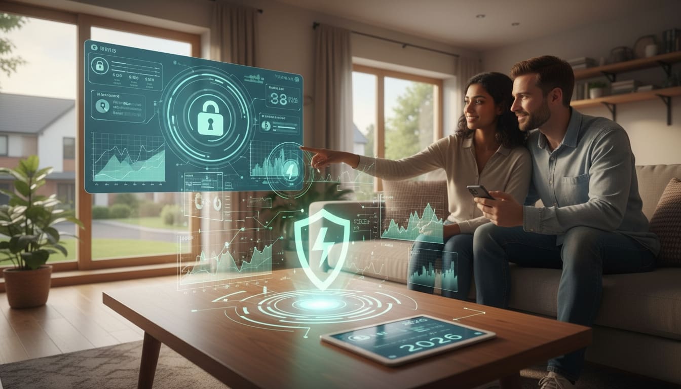 Couple reviewing digital dashboards and charts comparing energy tariffs on a futuristic home display.