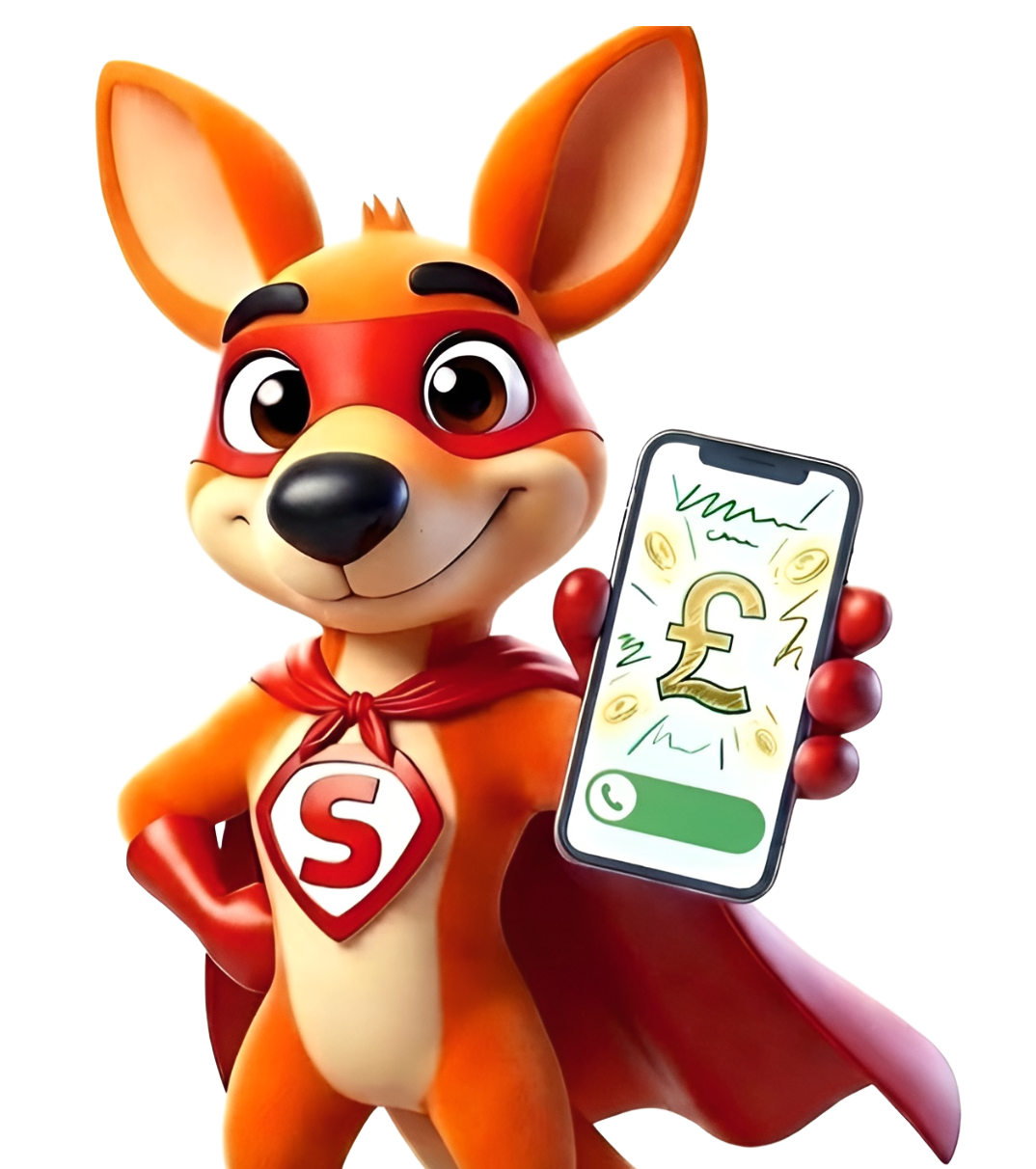 Cropped illustration of Roo the Switcheroo kangaroo mascot smiling and holding a smartphone to one ear as if answering a call, used for contact, support, or callback sections of the site.