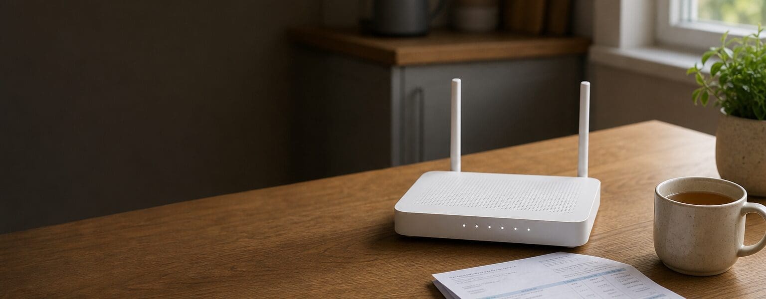 Broadband mid-contract price rises in 2026 shown by a home router beside a household bill