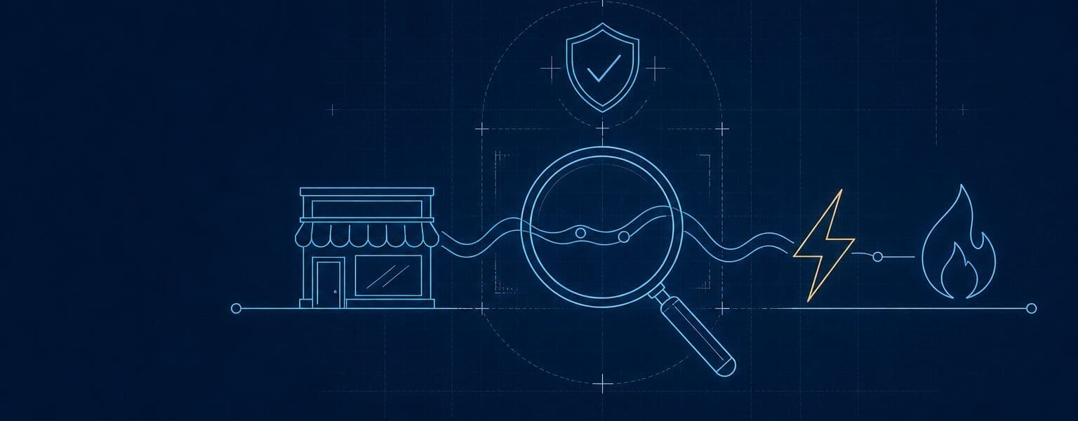 Monoline blueprint illustration of business energy brokers under new scrutiny, a magnifying glass over a line linking a shop to power symbols