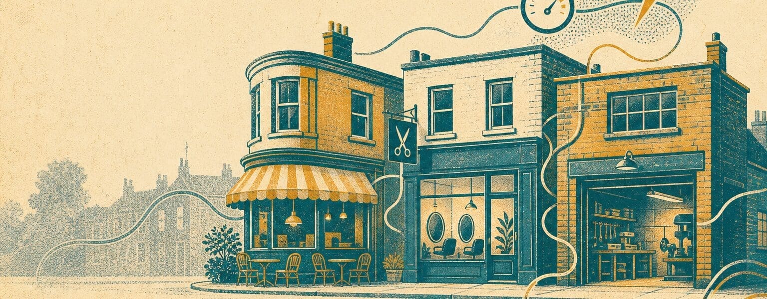 Risograph-style illustration of a UK high street of small business shopfronts powered by gas and electricity, representing business energy contracts