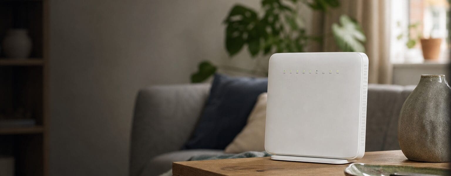 Home broadband router on a table representing out of contract broadband and switching to a cheaper deal