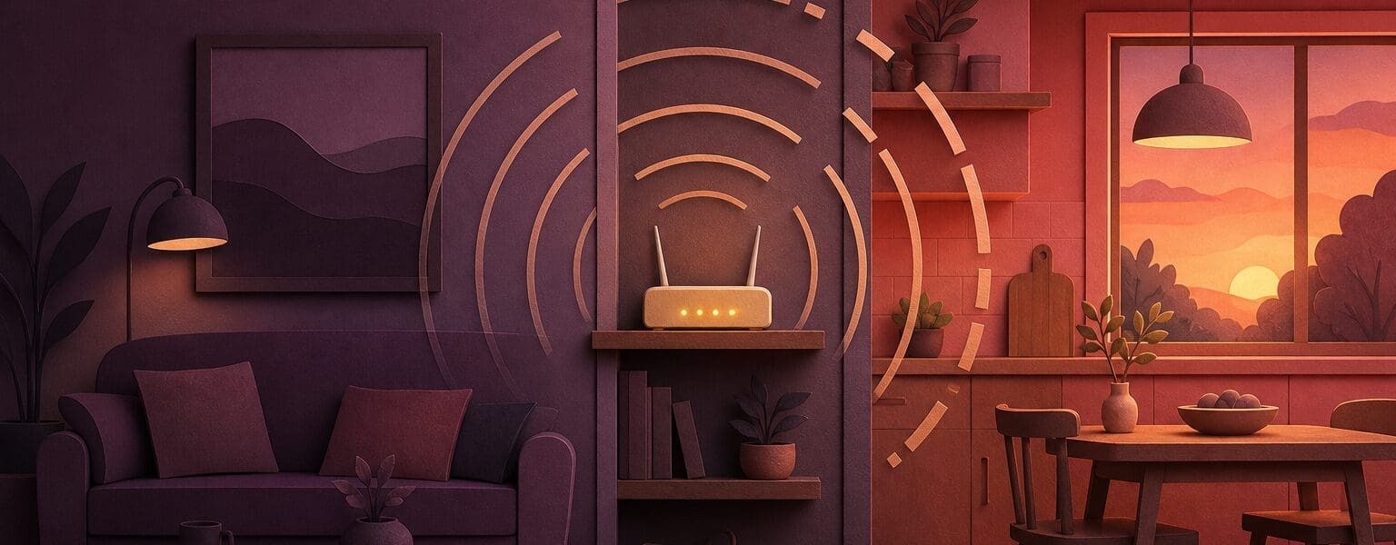 Paper-cut collage of a home at dusk showing slow broadband as stuttering signal arcs from a glowing router
