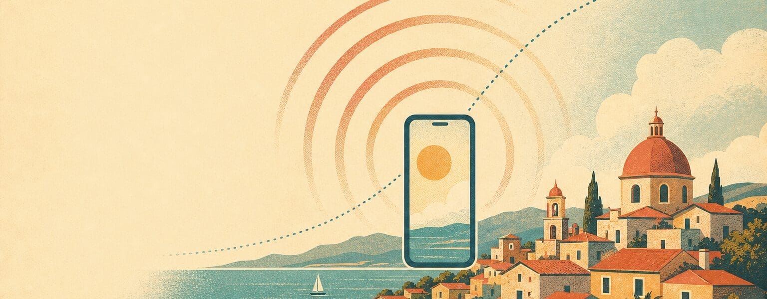 Travel eSIM concept: a smartphone connecting to mobile data over a sunny European coastline