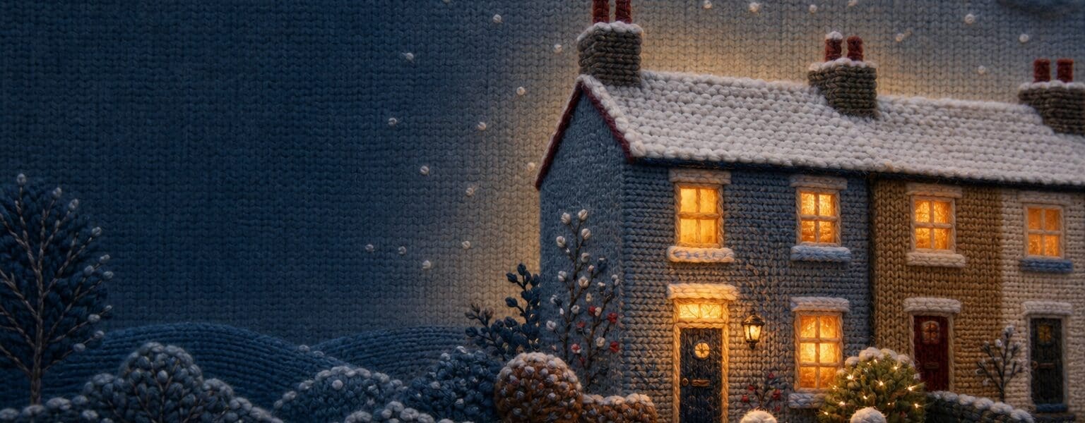 Warm Home Discount concept: a cosy UK home glowing warm against a cold winter dusk, illustrated as knitted wool and embroidery.