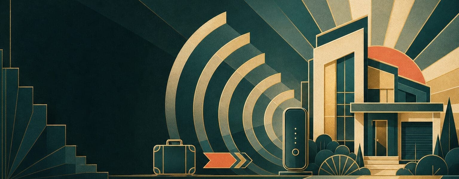Art Deco style illustration of 5G home broadband reaching a home wirelessly, compared with fibre