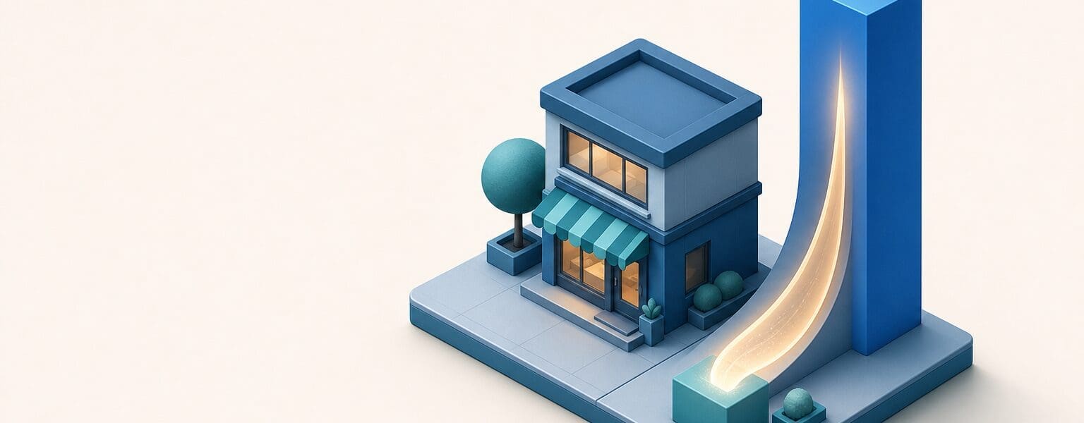 Isometric illustration of a small UK business with a falling bar, representing business energy VAT dropping from 20 percent to the reduced 5 percent rate