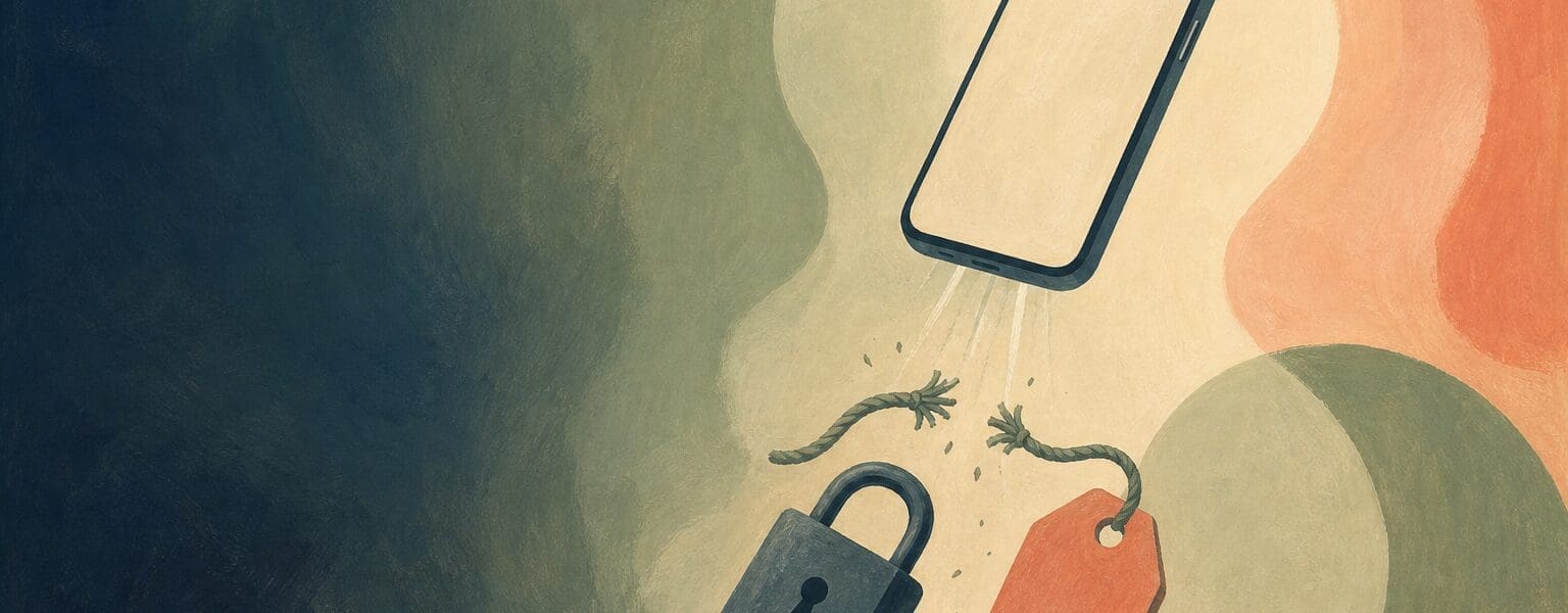 Gouache illustration of a smartphone breaking free from an old contract, showing how SIM only deals cut your mobile bill in 2026