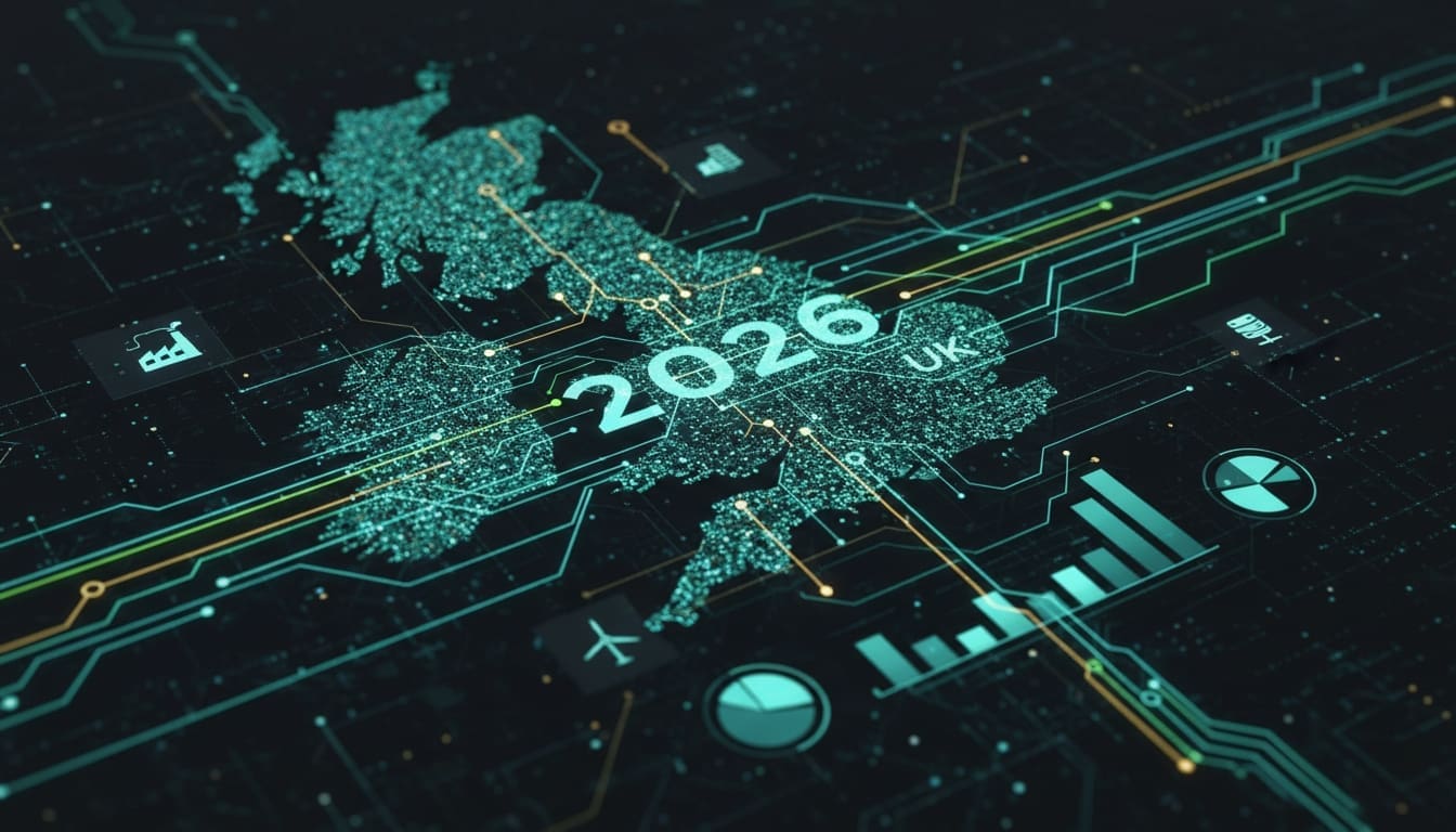 Digital UK map 2026 with data charts and power icons illustrating national energy usage benchmarks and efficiency trends.”