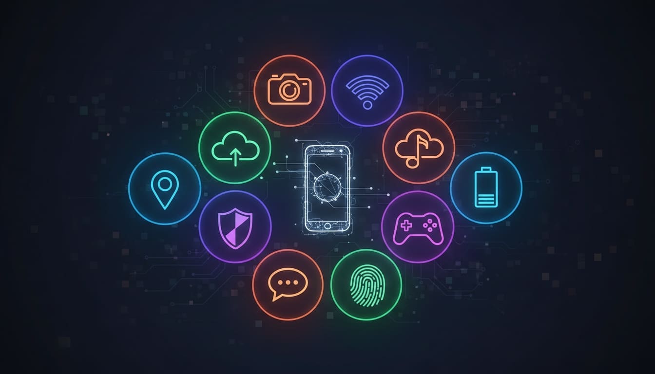 Digital illustration showing 10 mobile features including cloud, Wi-Fi, security, and battery icons around a smartphone.