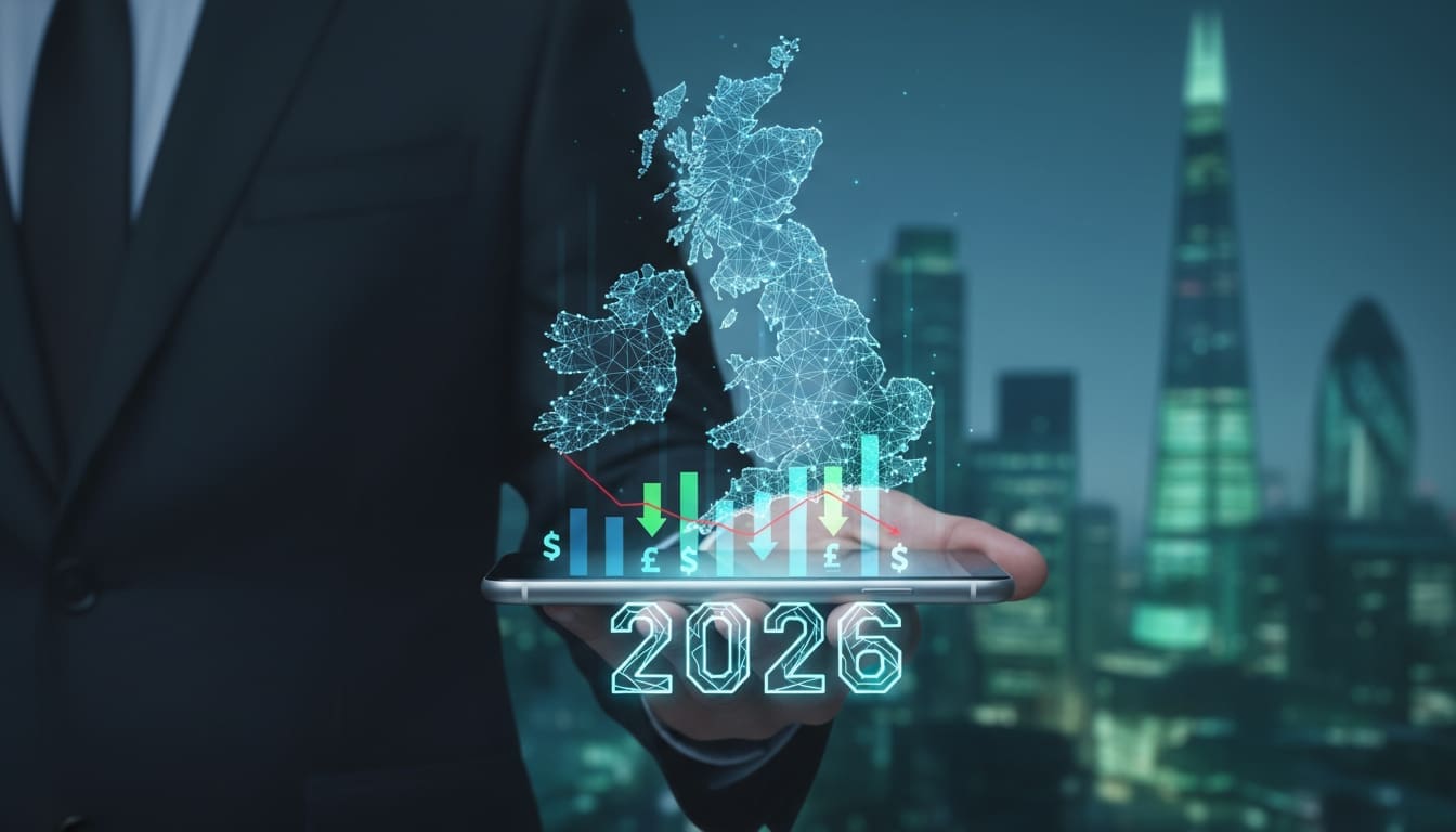 Digital UK map and 2026 financial graph representing reduce UK business mobile costs with Switcheroo’s smart comparison solutions