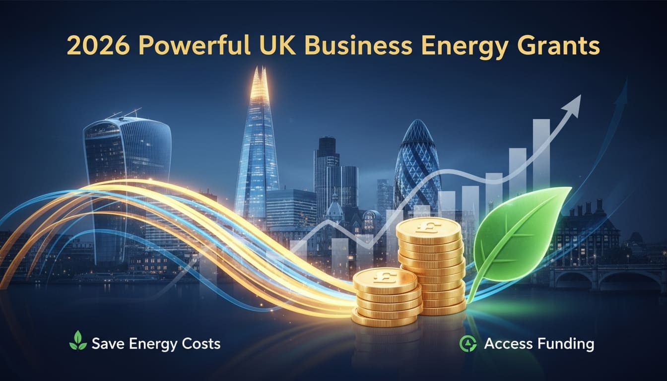 London skyline with growth chart, coins, and green energy icons representing UK business energy grants in 2026.