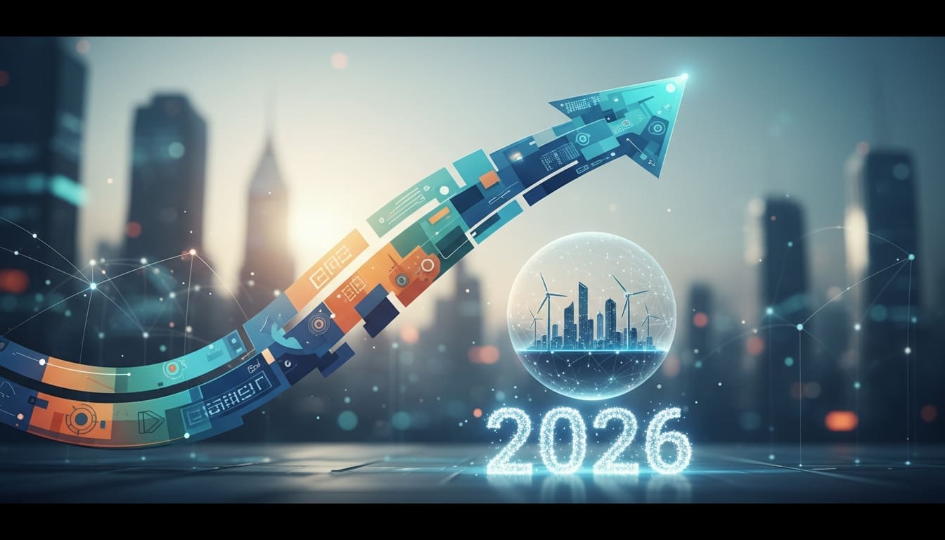 Rising digital arrow and city skyline symbolizing UK growth as businesses switch business energy suppliers in 2026.