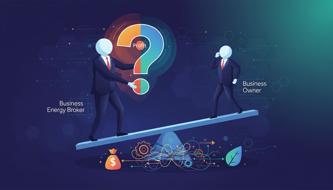 Illustration showing a business owner and business energy broker on a balance scale representing the business energy dilemma and profit decisions.