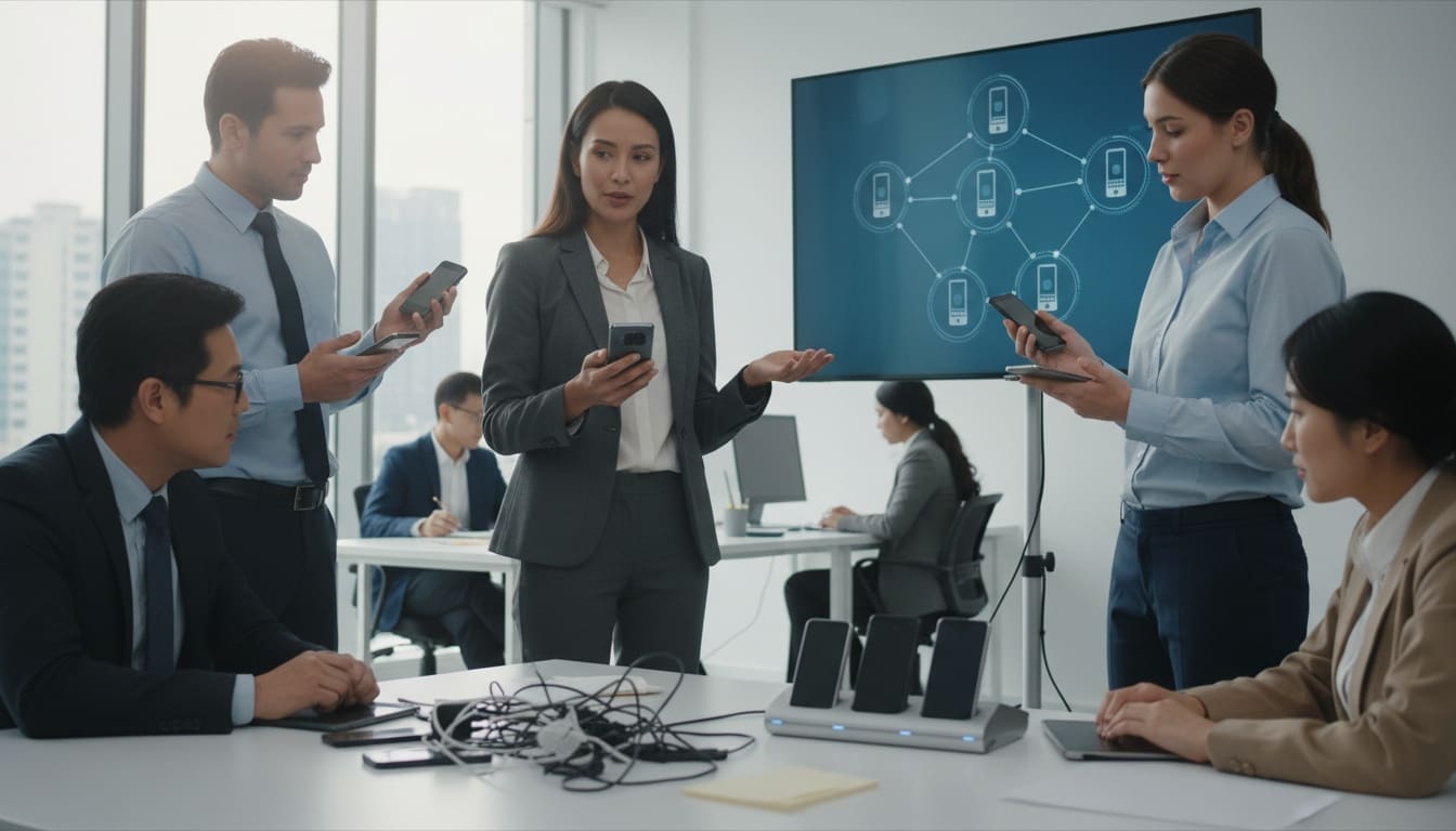 Business team using multiple business mobiles connected to a central device management system in an office.