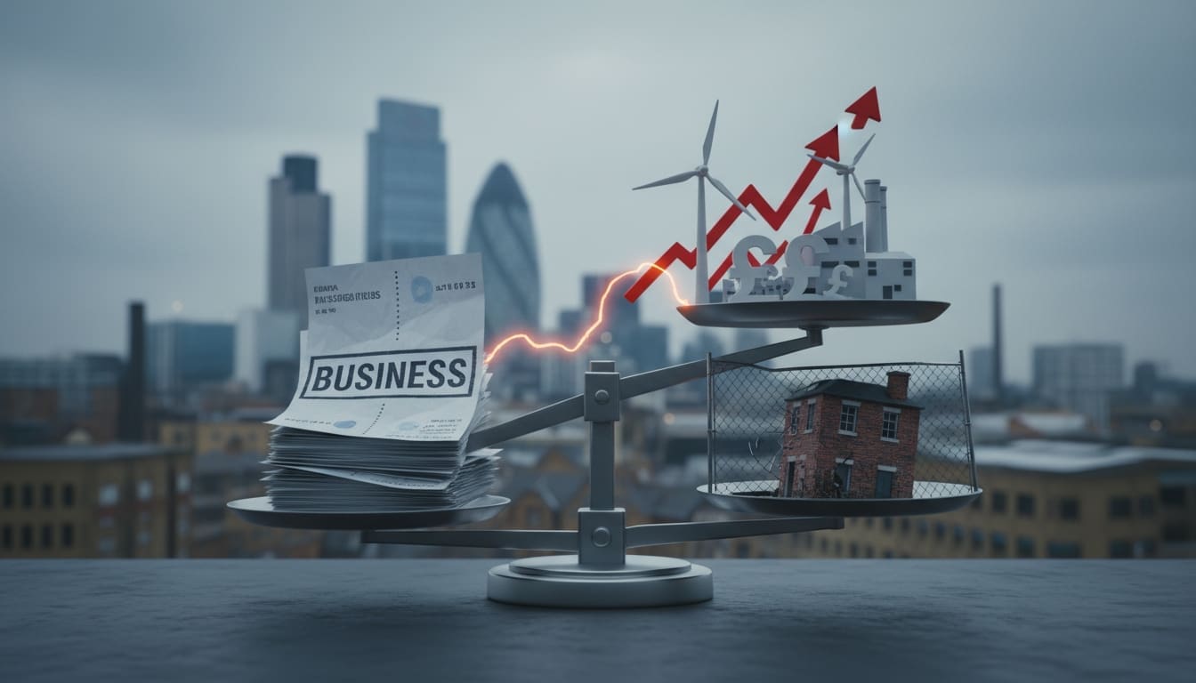 Business documents and energy icons balanced on scales against rising graphs to illustrate changes in wholesale energy prices.
