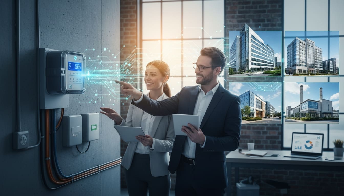 Business team using smart meters and digital tools to monitor energy efficiency in modern city buildings.